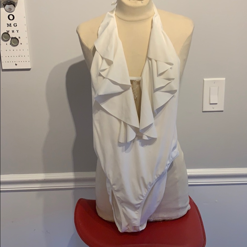 Unique plunging crystal Jantzen halter swimsuit